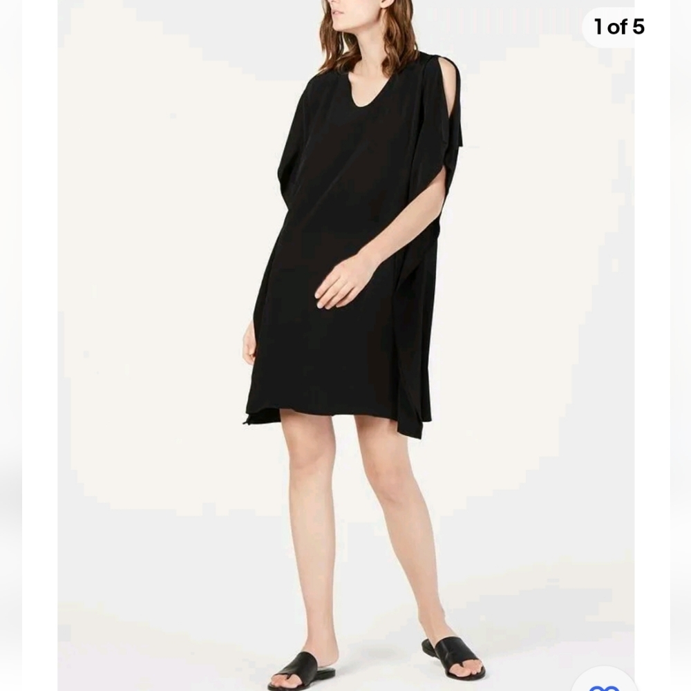 Eileen fisher slit sleeve bateau neck kimono dress black size Large